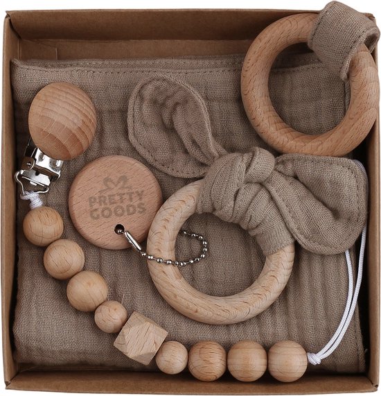 Baby Geschenkset - 3-delige set - Kraamcadeau - babyshower- gender reveal - Unisex baby cadeau - kraamvisite- jongen - meisje - giftset - bijtring - doorkomende tandjes - speenkoord - speenketting - knuffeldoekje - Taupe van Merkloos
