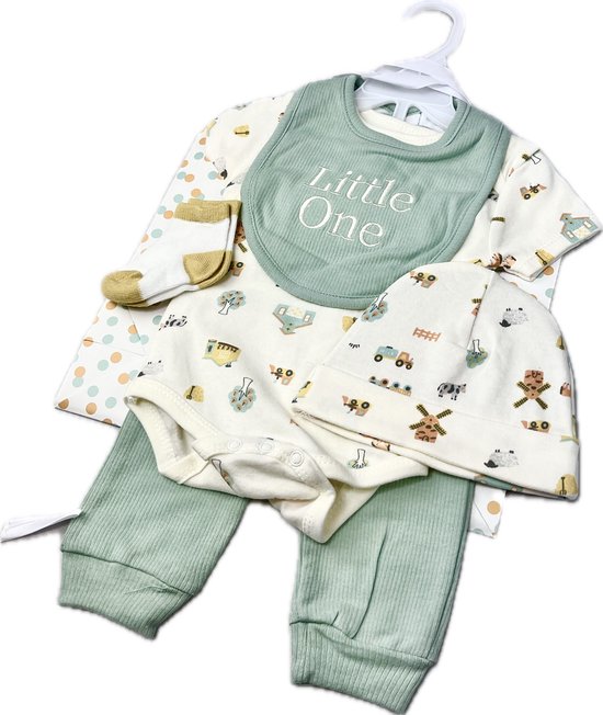 Baby Geschenkset 6-delig - Kraamcadeau Baby Cadeau - Romper, Legging, Slabbetje, Muts en Sokken met Cadeautas - Maat 62/68