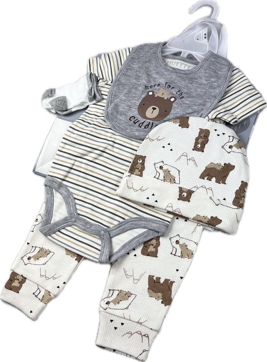 Baby Geschenkset 6-delig – Kraamcadeau Newborn – Romper, Legging, Slabbetje, Muts & Sokken met Cadeautas – Maat 50/56