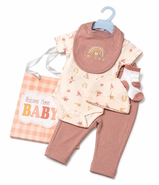 Baby Geschenkset 6-delig – Kraamcadeau Newborn – Romper, Legging, Slabbetje, Muts & Sokken met Cadeautas – Maat 62/68