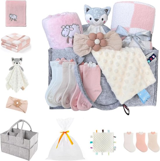 Baby Geschenkset - Babyspullen Mand - Kraamcadeau Geven - Compleet met Decoratie - 32.9 x 25.5 x 12.4 cm - Roze