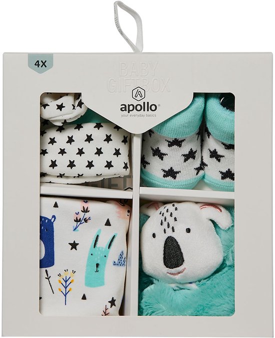 Baby geschenkset bosdieren - kraamcadeau 4 delig - pasgeboren unisex (meisje of jongen) kado - newborn sokjes / slabbetje / mutsje / knuffeldoekje bosdieren forest van Merkloos