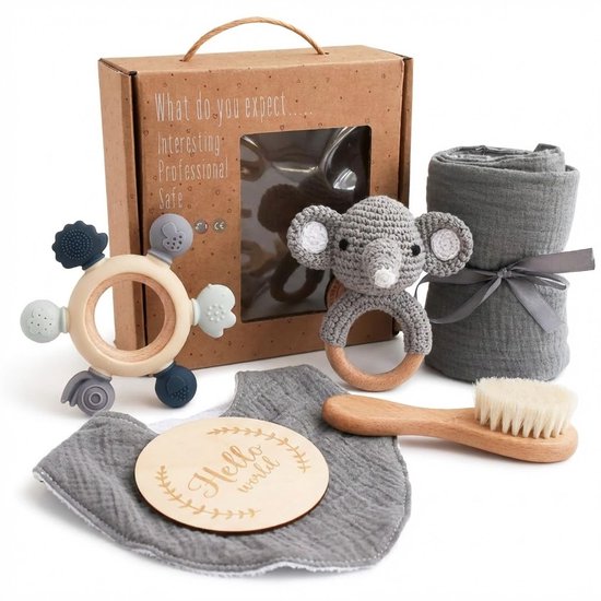 Baby Geschenkset – Complete Verzorgingsset met Badcape & Konijn – Babyshower & Kraamcadeau - Grijs van Merkloos