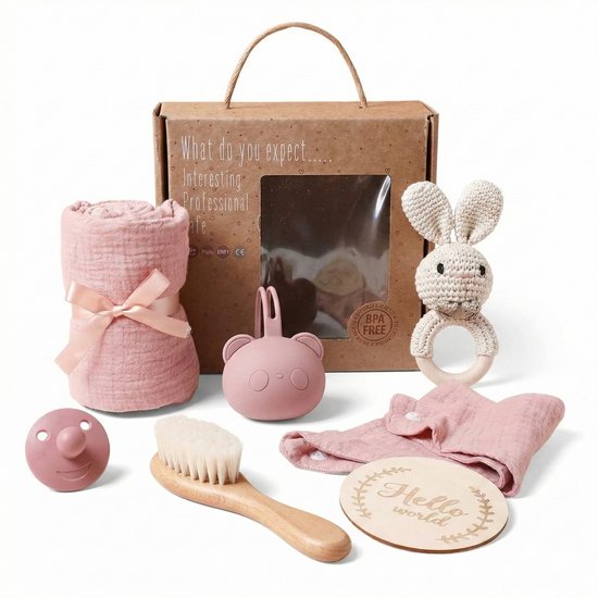 Baby Geschenkset – Complete Verzorgingsset met Badcape & Konijn – Babyshower & Kraamcadeau - Roze van Mon Maison