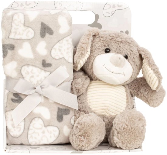 Baby geschenkset - pluche hond met fleecedeken - babyshower - kraampakket - zwanger - knuffel 23 cm - deken 90x75 cm van Merkloos