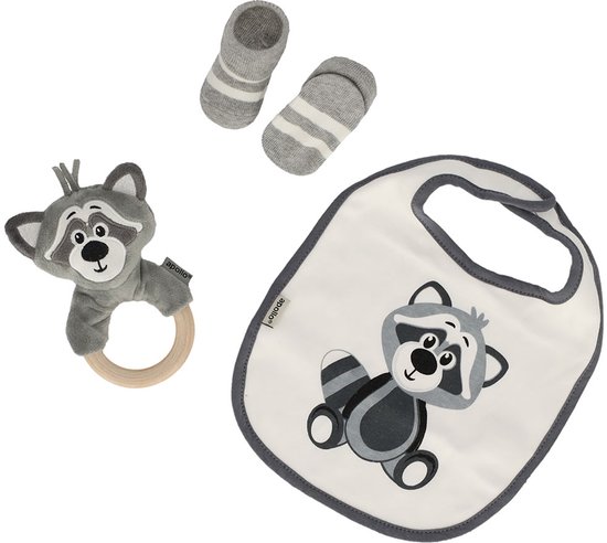 Baby geschenkset wasbeer- kraamcadeau 3 delig - pasgeboren unisex (meisje of jongen) kado - newborn sokjes / slabbetje / rammelaar grijs wasbeer van Merkloos
