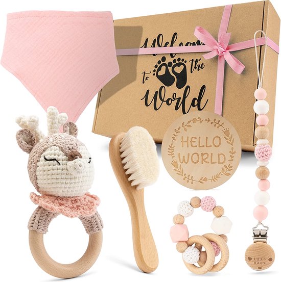 Baby Gift Girl [6 Pieces] for Newborns | Handmade Toy, Triangular Scarf, Milestone Card, Rattle, Brush | Gift for Birth, Baby Shower van Kapoune