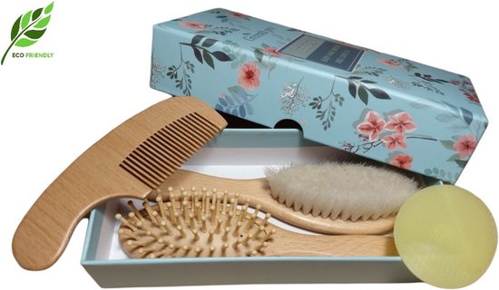 Baby Haar Verzorging Setje – 4-delige – Baby Houten Borstel + Massage Borstel + Kam + GRATIS Siliconen Shampoo Borstel – Baby Houten Borstel Setje – Baby Kraam Cadeau – Babyshower Eco Friendly Gift – Baby Wooden Brushes & Comb Gift Set van Hibaby