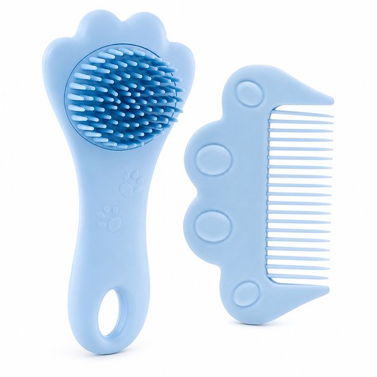 Baby Haarborstel & Kam Set Blauw - Zachte Siliconen Massageborstel voor Baby’s en Peuters