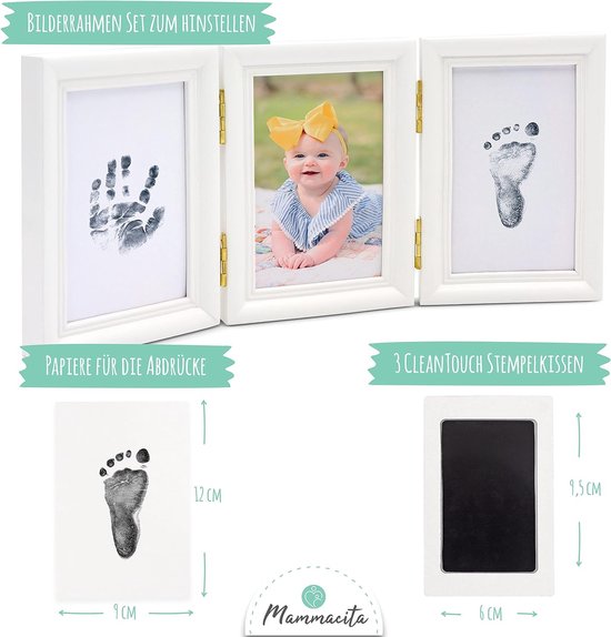 Baby handafdruk en voetafdruk, set voor 0-6 maanden, met veilige inkt en houten frame met 3 uitsparingen, stempelkussen voor handafdruk baby en voetafdruk baby, ideaal babycadeau van Little Moonshine