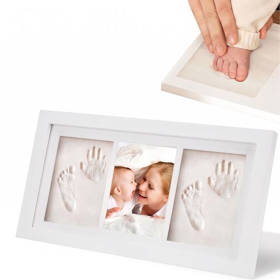 Baby Handafdruk Voetafdruk Herinneringslijst-35x18-Wit Fotolijst Met Witte Klei-Pasgeboren Baby Mijlpaal Herinnering -Kraamcadeau Maandfeest Decoratie