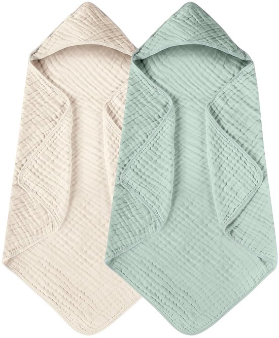 Baby Handdoek met Badcape - 2 stuks - Badcape Badstof - Baby Badcape van Crêpe Katoen - Wikkelhanddoek Badcape - Zacht absorberend - Geschikt voor pasgeborenen, baby's en peuters - 90 x 90 cm