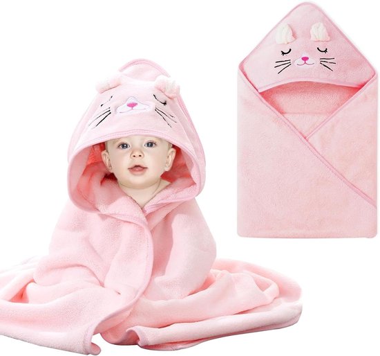 Baby Handdoek met Capuchon - Babybadjas Kinderhanddoek - Baby Verzorgen - Zacht en Absorberend - 80 x 80 cm - Roze