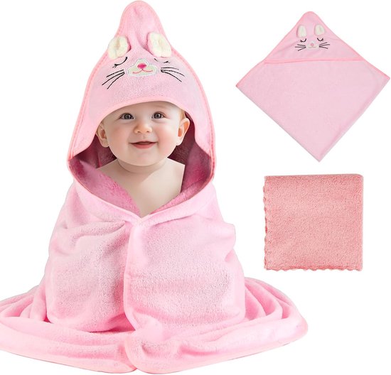 Baby Handdoek met Kap - 2 Stuks - Kleurige Kap - Roze Kittens voor Baby's - Newborns - 80 x 80 cm