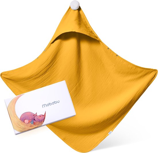 Baby Handdoek met Kap - Baby Badjas - Baby Afdrogen - GOTS Biologisch Katoen - 75x75 cm - Mosterdgeel van Merkloos