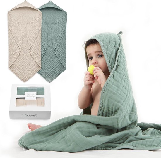 Baby Handdoeken - Met Capuchon - Na Het Baden - 100% Muslin Katoen - 2 Stuks - Groen Beige