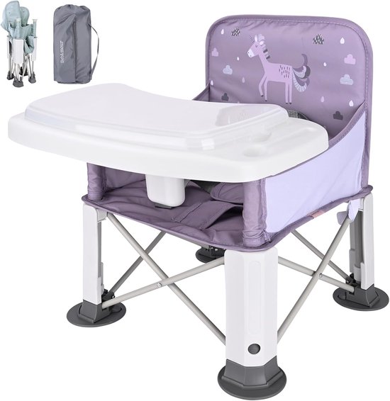 Baby Hoge Stoel - Draagbare Outdoor Opvouwbare Kinderstoel - Verstelbare Kinderstoel voor Peuters - Eetstoel met Afneembare Lade - Opbergvak en Tas - Unicorn Design - Booster Stoel voor Voeding en Tafel van Merkloos