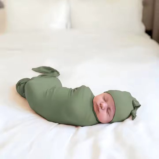 Baby Inbakerdoek + Babymutsje - Olijfgroen - 120x120 cm - Swaddle doek groot van Merkloos