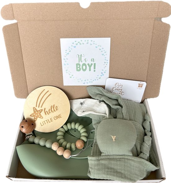 Baby jongen brievenbus cadeau - knuffel - slab - bijtring -speenkoord