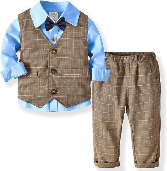 Baby Jongens Kleding Set Doop Bruiloft Gestreept Pak Strik Shirt + Vest + Broek Heer 3-Delige Set van Merkloos