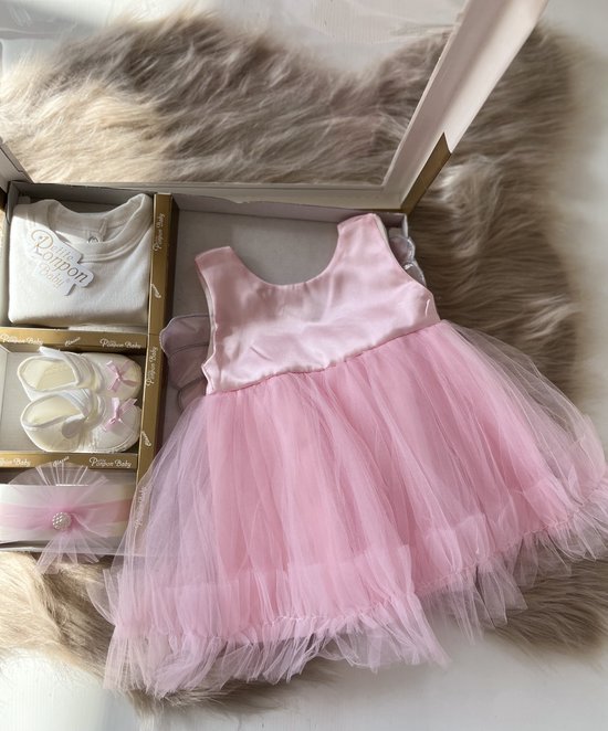 Baby jurk - feestjurk-doopjurk - tutu jurk- doopschoentjes-new born-baby geschenkenset-roze kleur-maat 56/62- 0 tem 4 maanden van BesTers