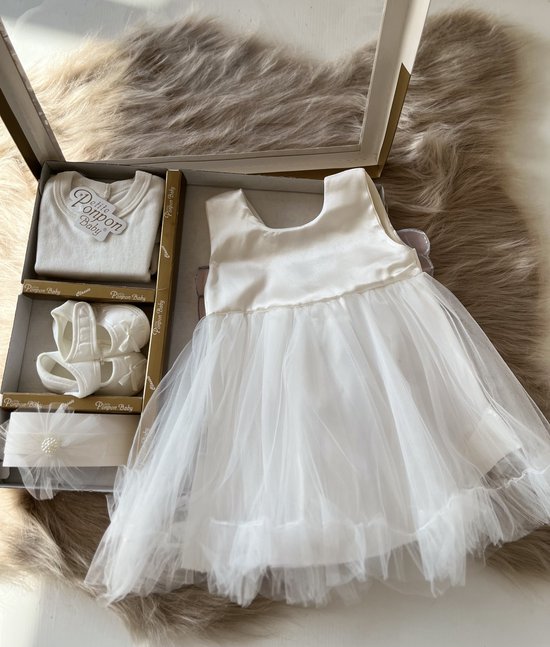 Baby jurk - feestjurk-doopjurk - tutu jurk- doopschoentjes-new born-baby geschenkenset-wit-maat 56/62- 0 tem 4 maanden van Honeypies Boutique