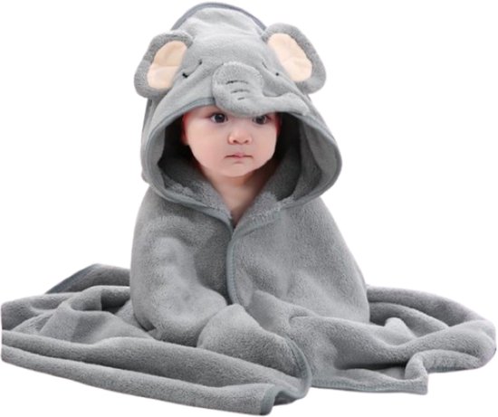 Baby & kids Casey - Grijze Badcape Olifant - Wikkeldeken - Kraam cadeau - Babyshower cadeau - Omslagdoek baby - Super zacht - Fleece deken. van Baby & kids Casey