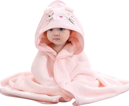 Baby & kids Casey - Roze Badcape Kat - Wikkeldeken - Kraam cadeau - Babyshower cadeau - Omslagdoek baby - Super zacht - Fleece deken. van Royal Textile