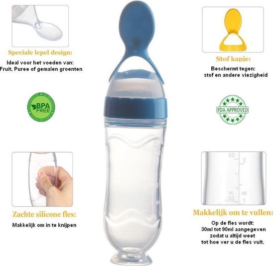 baby knijpfles - baby knijpfles met lepel - 90ml - blauw - feeding spoon - flesje met lepel - knijpfles - silicone - baby fles met zuignap van Little Little One