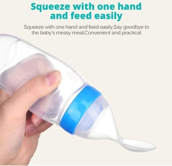 Baby Knijpfles - Baby knijpfles met lepel - 90ml - Blauw - Feeding spoon - Flesje met lepel - Knijpfles - Silicone - Baby fles met zuignap van $