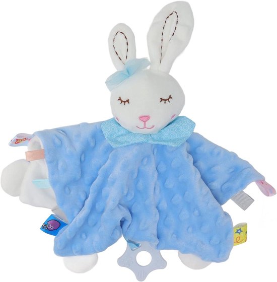 Baby Knuffeldekentje - Zacht Pluche - Slaap Gemoedsrust - Met Bijtring - 28 cm - Blauw Konijn