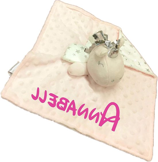 Baby knuffeldoek - Troostdoekje Knuffel - Baby comfort - Geborduurde naam - 25 x 25 cm - Roze-wit