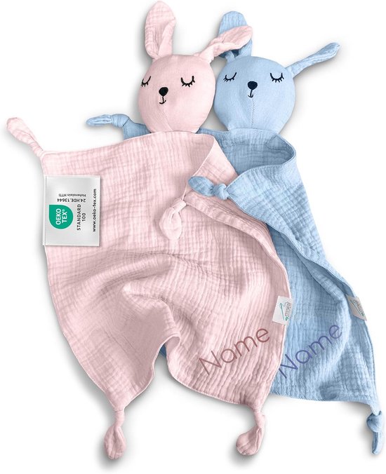 Baby knuffeldoek - Zachte muslin - Gepersonaliseerd cadeau - Oeko-Tex gecertificeerd - 30 x 30 cm - Lichtblauw