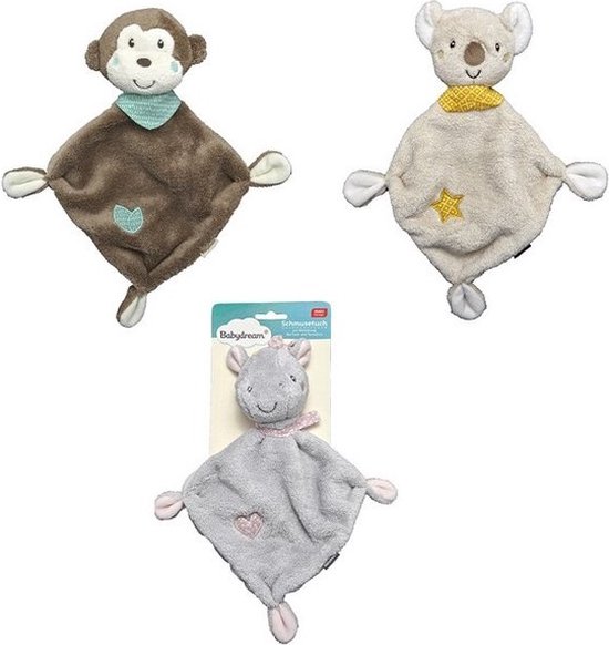 Baby knuffeldoekje set van 3 - Knuffel aapje - koala - nijlpaard - baby geschenkset van 3 knuffels van De Droomfabriek.