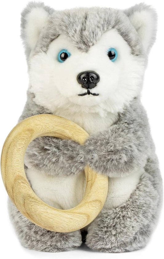 Baby knuffelhond - Pluche speelgoed - Baby speelgoed - Inclusief bijtring - 21 cm - Grijs