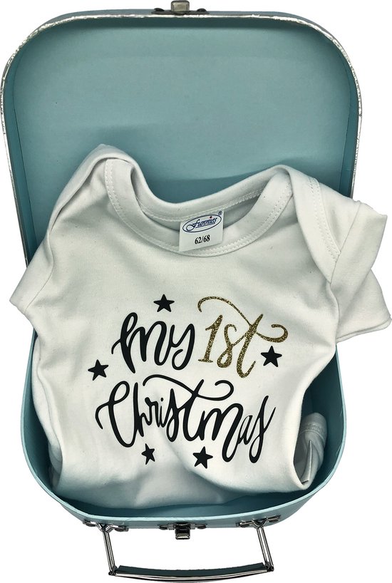 Baby koffertje blauw & kerst-rompertje - wit - met eigen naam en voetjes op koffertje van Merkloos