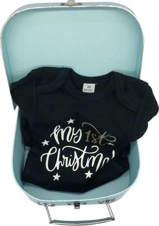 Baby koffertje blauw & kerst-rompertje - zwart lange mouw - met eigen naam en voetjes op koffertje van Merkloos