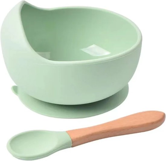 Baby Kommetje met Zuignap en Lepel - Groen - Siliconen Kom - Onbreekbaar - Kinder Servies - Bordje - Kraamcadeau van Pomse®