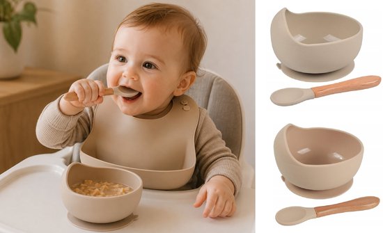 Baby Kommetjes met Zuignap en Lepel Set – 2 Stuks Siliconen Babyservies Beige Taupe – BPA-vrij – Vaatwasser, Magnetron & Vriezer Bestendig