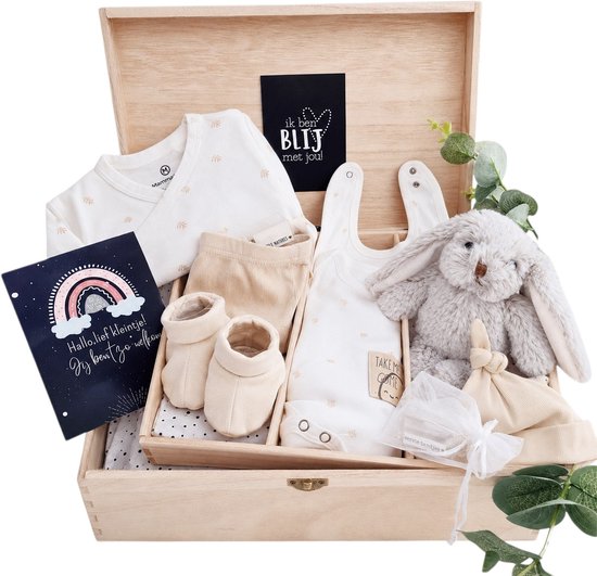 Baby kraamcadeau unisex Beige Wit - Luxe kraamcadeau – Direct klaar omte geven - baby geschenkset - kraamcadeau neutraal - babyshower cadeau voor jongen en meisje - gender neutraal babycadeau - 10 delige Baby Geschenkset - Gender reveal party cadeau