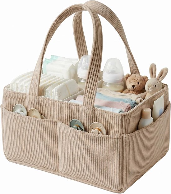 Baby luiermandje - draagbaar - corduroy opbergmandje met handvat - kraamcadeau - luiermandje voor jongens en meisjes - khaki - Luiermand Organizer - Baby Caddy voor Pampers en Verzorgingsproducten - Opbouwbare Corduroy Baby Mand