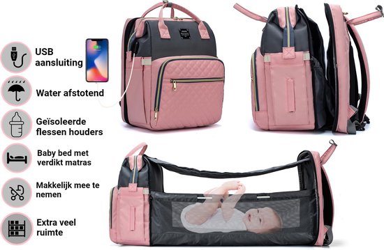 Baby Luiertas waterdicht - Multifuctioneel luiertas 3 In 1 - baby bed 76cm/32cm  - Luiertas Grijs/roze - Met Verschoningsmatje - Babyverzorging - Luiertas met babybedje/wieg - Kinderwagen haak - Baby Bedje - luiertas rugzak - luiertas verzorgingstas van Paily