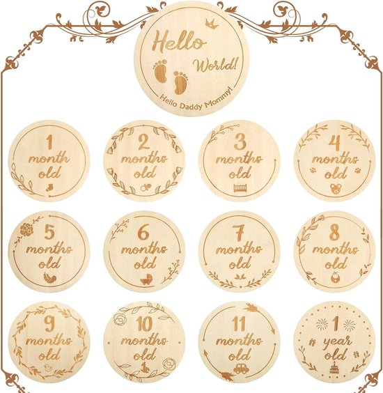 Baby Maandelijkse Houten Kaarten - 26 Ontwerpen 13 Stukken Nieuwegeborene Mijlpalen Baby Cadeaus Set - Maandelijkse Mijlpalen Kaarten Groei Foto Herinnerings Props Dubbelzijdig van Merkloos