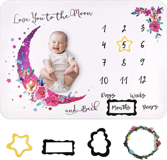 Baby Maandelijkse mijlpaal deken met slinger- en fotolijstjes, grote extra zachte dikke babygroeideken fotodeken met babyfoto-prop perfecte kerstcadeaus voor babymeisjes en jongens 100 x 120cm van AYMAX✔