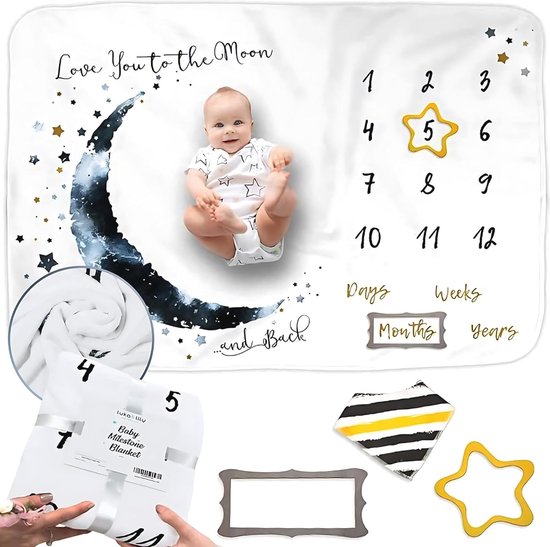 Baby Maanden Deken voor Jongen - 150x100cm - Fotografie Accessoires - Groeidiagram voor Eerste Jaar van Little Moonshine