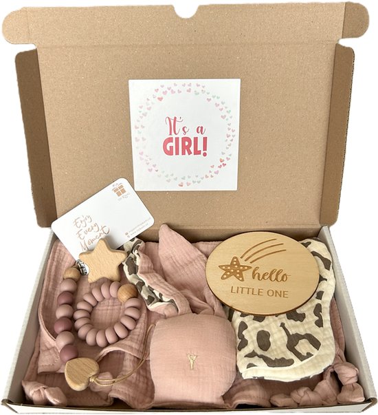 Baby meisje brievenbus cadeau - knuffel - slab - speenkoord - bijtring