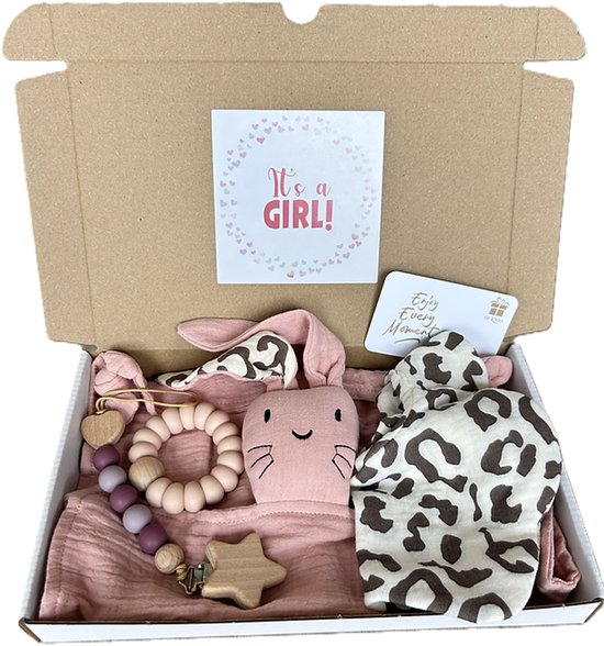 Baby meisje brievenbus cadeau - knuffel - slab - speenkoord - bijtring