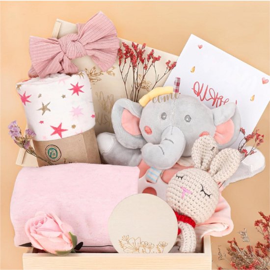 Baby Meisje Cadeaumand Met Rammelaar En Inbakerdeken - Uniek Pasgeboren Meisjes Geschenk Met Essentiële Spullen - Perfect Kraamcadeau Of Gender Reveal Gift van Merkloos