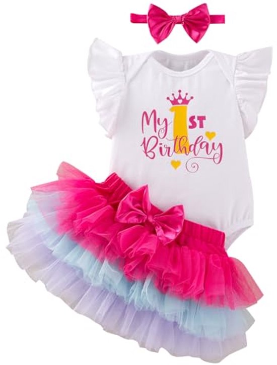 Baby meisje eerste verjaardag outfit 3 stuks set met rompertje, tutu rok en strik hoofdband van Merkloos
