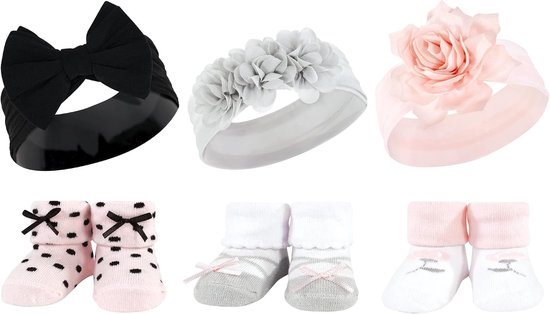 Baby Meisjes Set - Hoofdband Sokken - Cadeau Geven - Compleet Accessoire Pakket - One Size - Roze Zwart